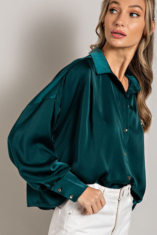 Cropped Button Down Blouse - Teal- Hometown Style HTS, women's in store and online boutique located in Ingersoll, Ontario