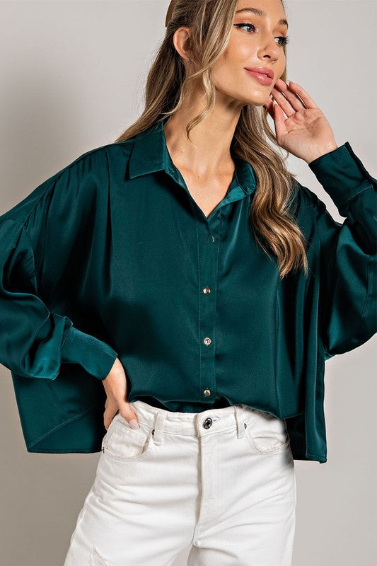 Cropped Button Down Blouse - Teal- Hometown Style HTS, women's in store and online boutique located in Ingersoll, Ontario