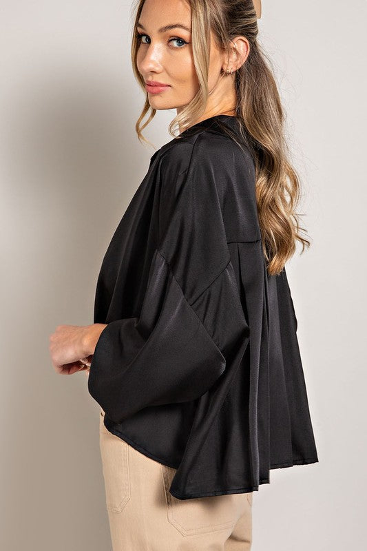 Cropped Button Down Blouse - Black-blouse- Hometown Style HTS, women's in store and online boutique located in Ingersoll, Ontario