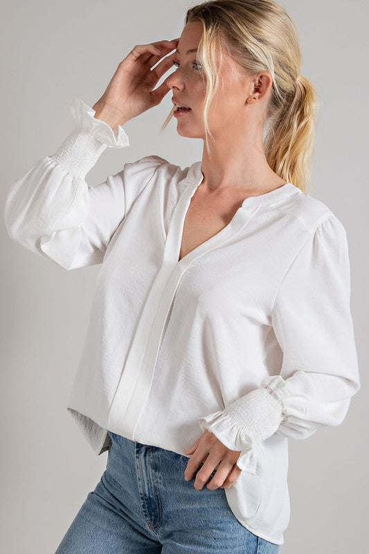 V Neck Long Sleeve Blouse - White-blouse- Hometown Style HTS, women's in store and online boutique located in Ingersoll, Ontario