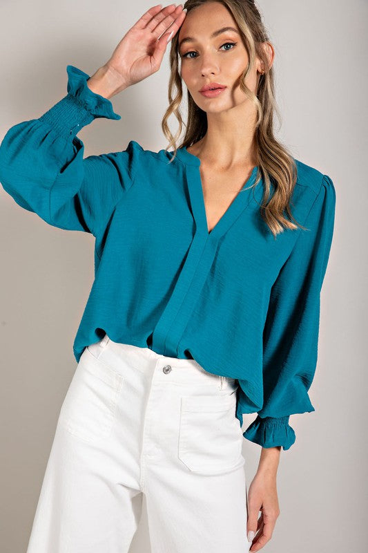 V Neck Long Sleeve Blouse - Dark Teal-blouse- Hometown Style HTS, women's in store and online boutique located in Ingersoll, Ontario