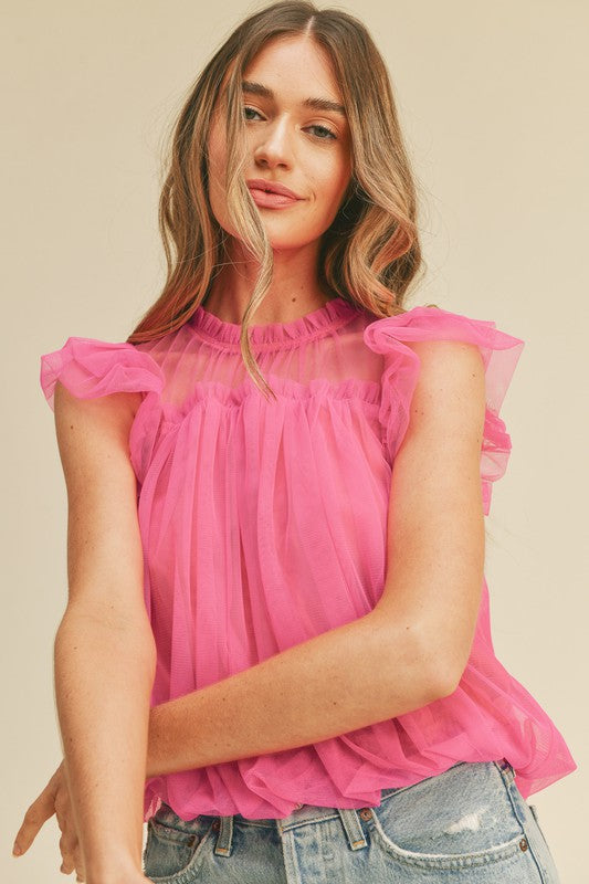 Mesh, Flutter Sleeve Blouse - Pink-blouse- Hometown Style HTS, women's in store and online boutique located in Ingersoll, Ontario