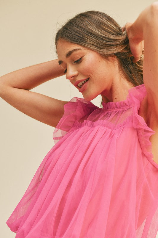 Mesh, Flutter Sleeve Blouse - Pink-blouse- Hometown Style HTS, women's in store and online boutique located in Ingersoll, Ontario
