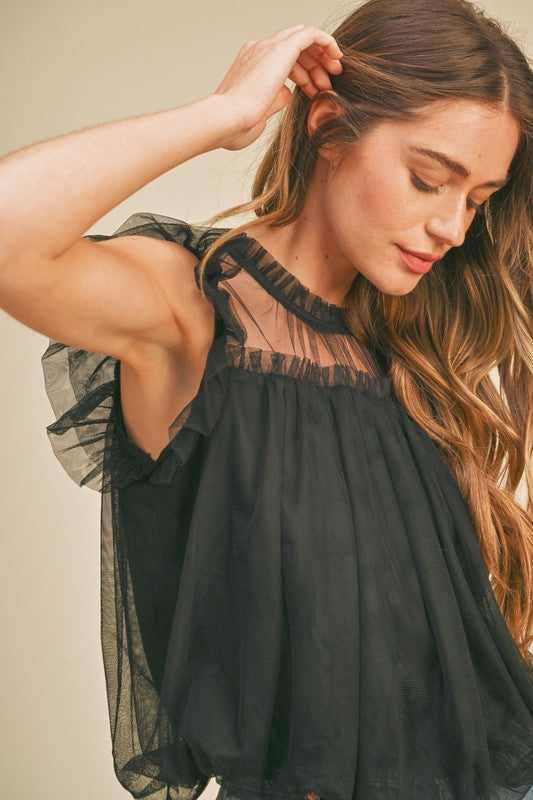 Mesh, Flutter Sleeve Blouse - Black-blouse- Hometown Style HTS, women's in store and online boutique located in Ingersoll, Ontario