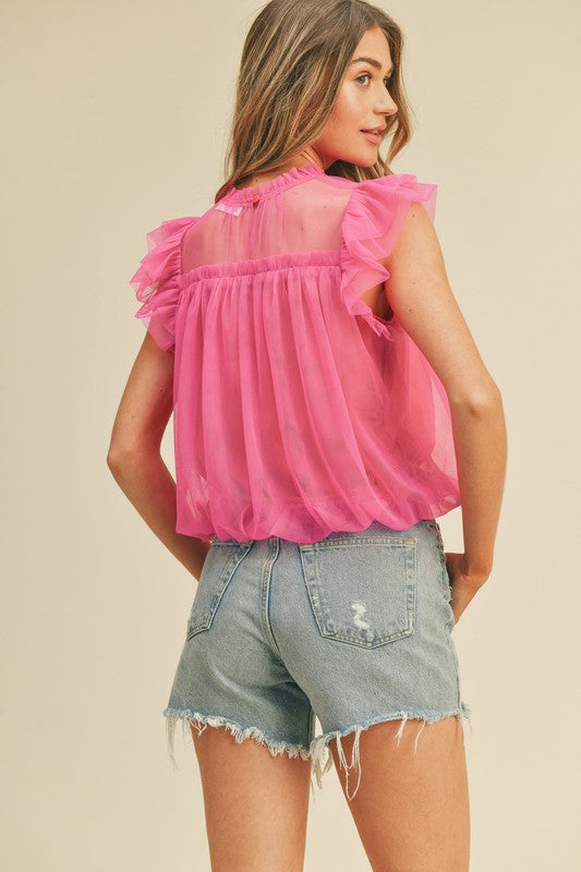 Mesh, Flutter Sleeve Blouse - Pink-blouse- Hometown Style HTS, women's in store and online boutique located in Ingersoll, Ontario
