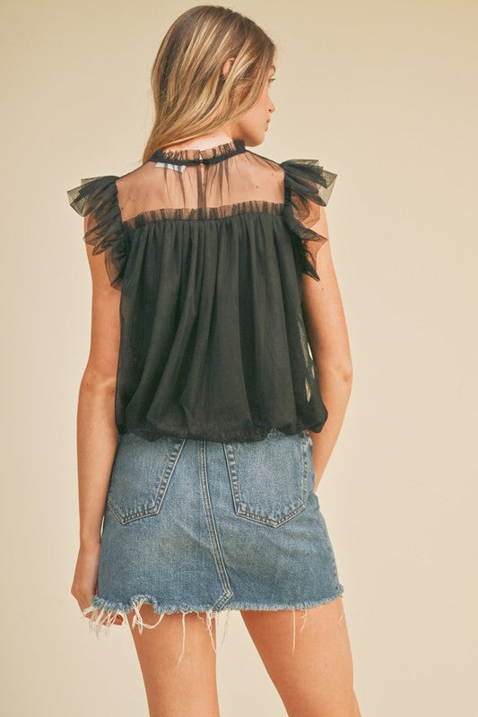 Mesh, Flutter Sleeve Blouse - Black-blouse- Hometown Style HTS, women's in store and online boutique located in Ingersoll, Ontario
