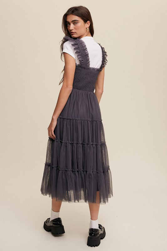 Smocked, Ruffle Tiered Mesh Maxi Dress - Charcoal-Dress- Hometown Style HTS, women's in store and online boutique located in Ingersoll, Ontario