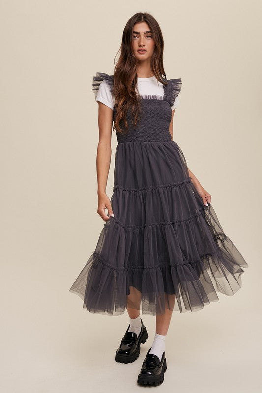Smocked, Ruffle Tiered Mesh Maxi Dress - Charcoal-Dress- Hometown Style HTS, women's in store and online boutique located in Ingersoll, Ontario