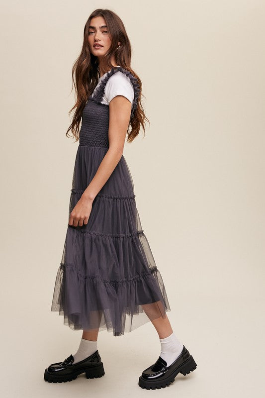 Smocked, Ruffle Tiered Mesh Maxi Dress - Charcoal-Dress- Hometown Style HTS, women's in store and online boutique located in Ingersoll, Ontario