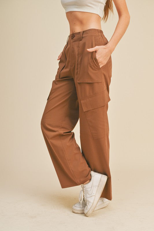 Wide Leg Cargo Pant - Chocolate-Pants- Hometown Style HTS, women's in store and online boutique located in Ingersoll, Ontario