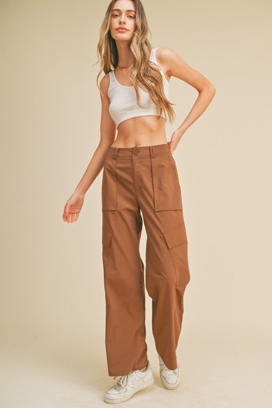 Wide Leg Cargo Pant - Chocolate-Pants- Hometown Style HTS, women's in store and online boutique located in Ingersoll, Ontario