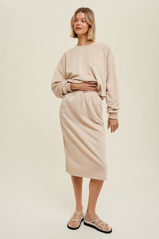 Casual Knitted Midi Skirt - Latte-Skirt- Hometown Style HTS, women's in store and online boutique located in Ingersoll, Ontario