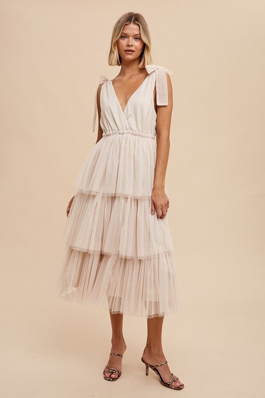 Tiered Tulle Holiday Midi Dress - Buttercream-Dress- Hometown Style HTS, women's in store and online boutique located in Ingersoll, Ontario