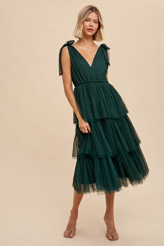 Tiered Tulle Holiday Midi Dress - Holiday Green-Dress- Hometown Style HTS, women's in store and online boutique located in Ingersoll, Ontario