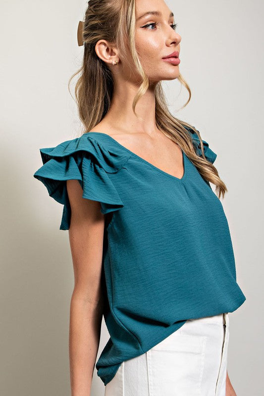 Ruffle Shoulder Top- Teal-blouse- Hometown Style HTS, women's in store and online boutique located in Ingersoll, Ontario