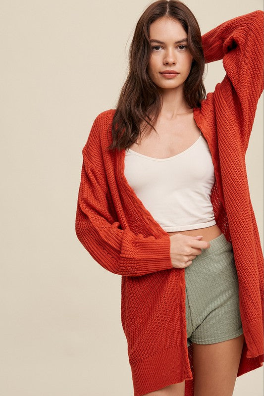 Cable Knit, Long Cardigan - Red/Orange-cardigan- Hometown Style HTS, women's in store and online boutique located in Ingersoll, Ontario