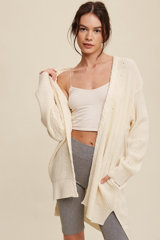 Cable Knit, Long Cardigan - Cream-cardigan- Hometown Style HTS, women's in store and online boutique located in Ingersoll, Ontario