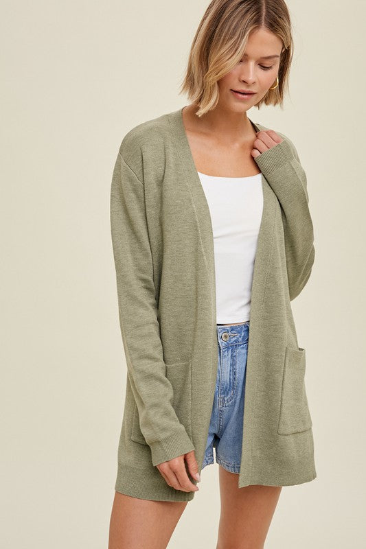 Heathered Cardigan with Pockets - Sage-Sweater- Hometown Style HTS, women's in store and online boutique located in Ingersoll, Ontario