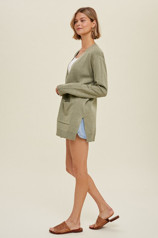 Heathered Cardigan with Pockets - Sage-Sweater- Hometown Style HTS, women's in store and online boutique located in Ingersoll, Ontario