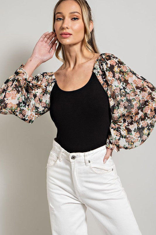 Floral Sleeve Bodysuit - Black-bodysuit- Hometown Style HTS, women's in store and online boutique located in Ingersoll, Ontario