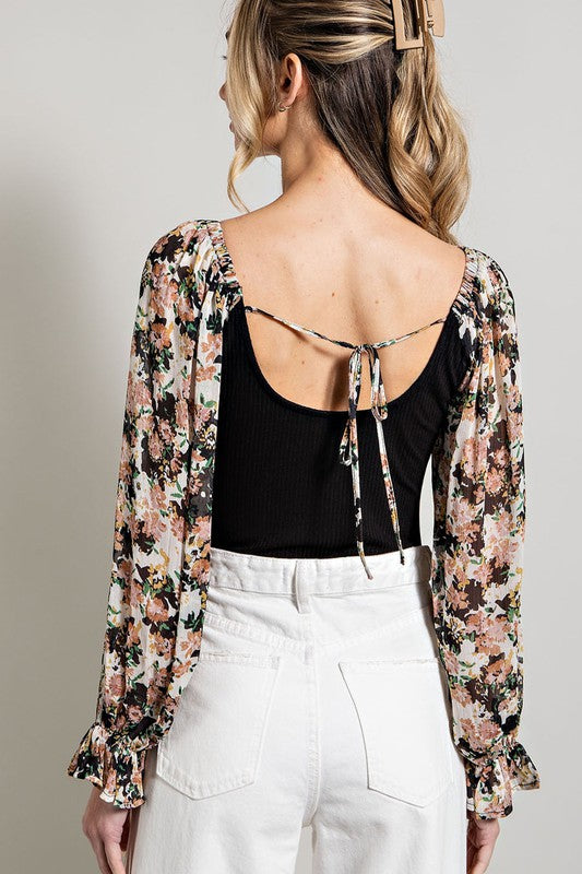 Floral Sleeve Bodysuit - Black-bodysuit- Hometown Style HTS, women's in store and online boutique located in Ingersoll, Ontario