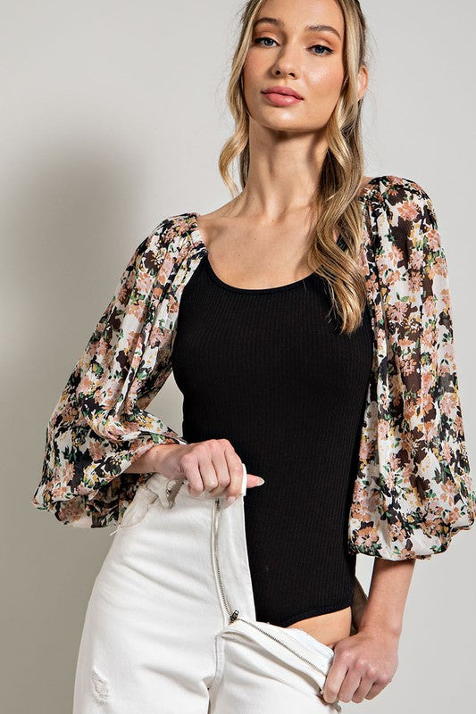 Floral Sleeve Bodysuit - Black-bodysuit- Hometown Style HTS, women's in store and online boutique located in Ingersoll, Ontario