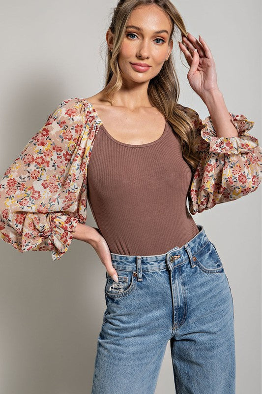 Floral Sleeve Bodysuit - Brown-bodysuit- Hometown Style HTS, women's in store and online boutique located in Ingersoll, Ontario