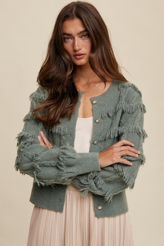 Fringe Button Down Cardigan - Olive-Sweater- Hometown Style HTS, women's in store and online boutique located in Ingersoll, Ontario