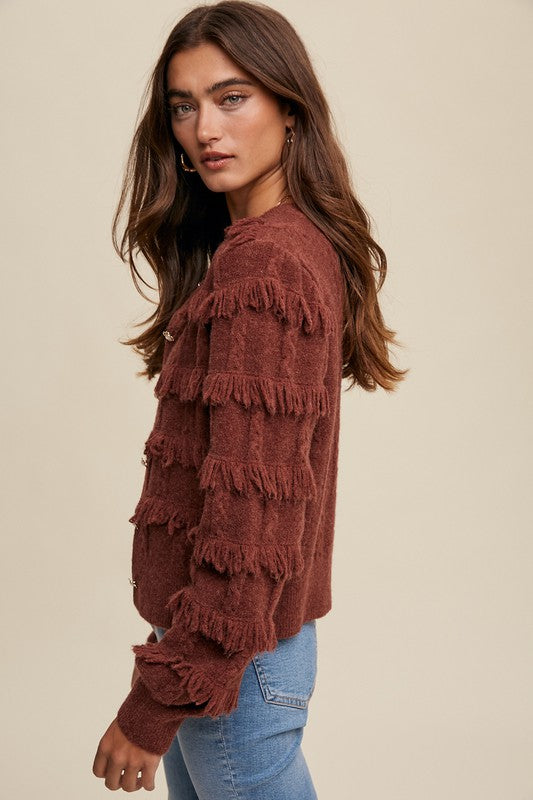 Fringe Button Down Cardigan - Red Bean-Sweater- Hometown Style HTS, women's in store and online boutique located in Ingersoll, Ontario