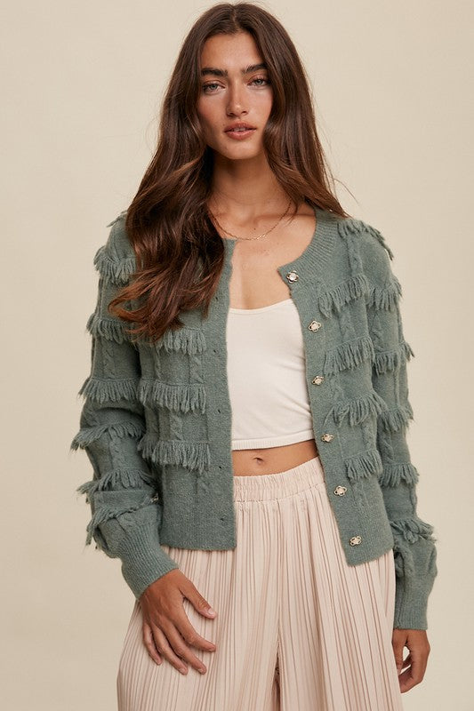 Fringe Button Down Cardigan - Olive-Sweater- Hometown Style HTS, women's in store and online boutique located in Ingersoll, Ontario
