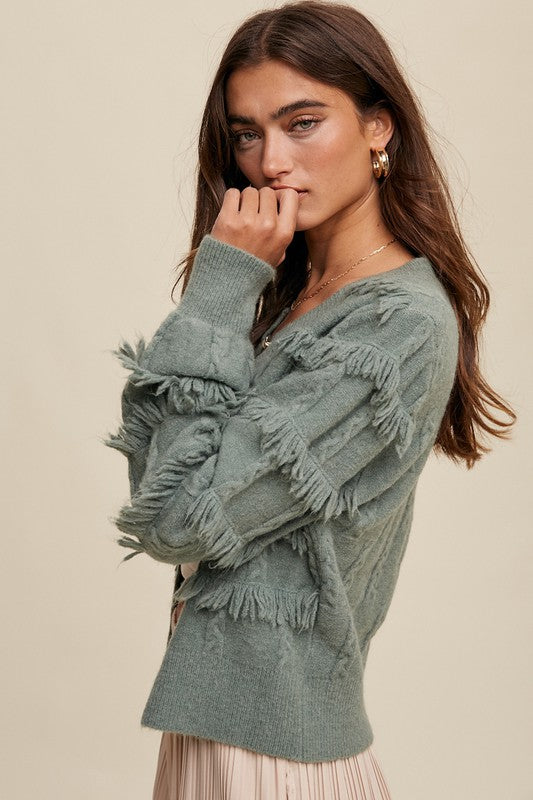 Fringe Button Down Cardigan - Olive-Sweater- Hometown Style HTS, women's in store and online boutique located in Ingersoll, Ontario