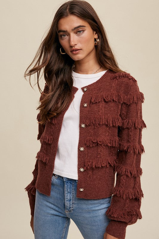 Fringe Button Down Cardigan - Red Bean-Sweater- Hometown Style HTS, women's in store and online boutique located in Ingersoll, Ontario