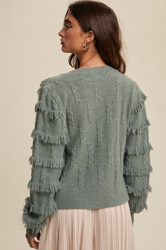 Fringe Button Down Cardigan - Olive-Sweater- Hometown Style HTS, women's in store and online boutique located in Ingersoll, Ontario