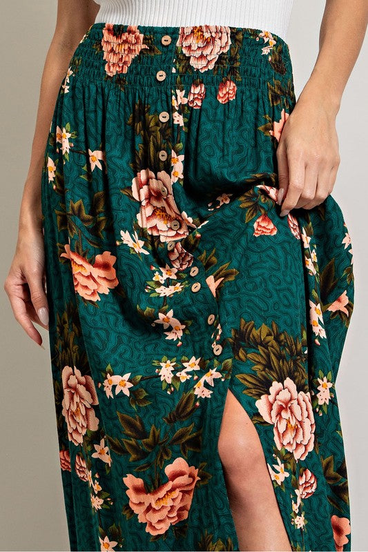 Long Floral Printed Skirt - Teal-Skirts- Hometown Style HTS, women's in store and online boutique located in Ingersoll, Ontario