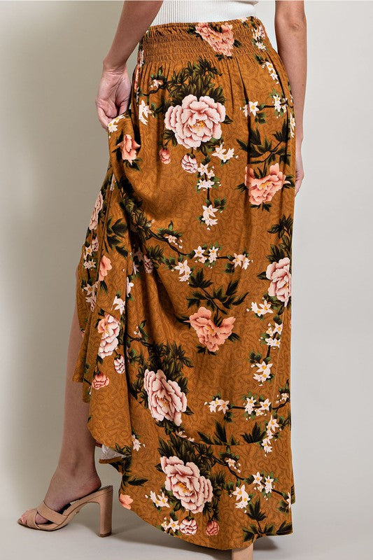 Long Floral Printed Skirt - Brown-Skirts- Hometown Style HTS, women's in store and online boutique located in Ingersoll, Ontario