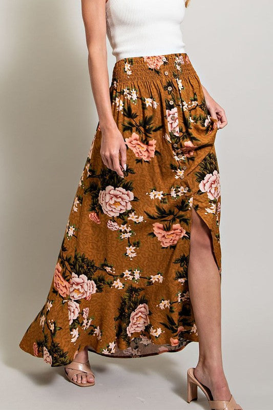 Long Floral Printed Skirt - Brown-Skirts- Hometown Style HTS, women's in store and online boutique located in Ingersoll, Ontario