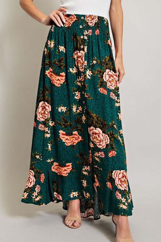 Long Floral Printed Skirt - Teal-Skirts- Hometown Style HTS, women's in store and online boutique located in Ingersoll, Ontario