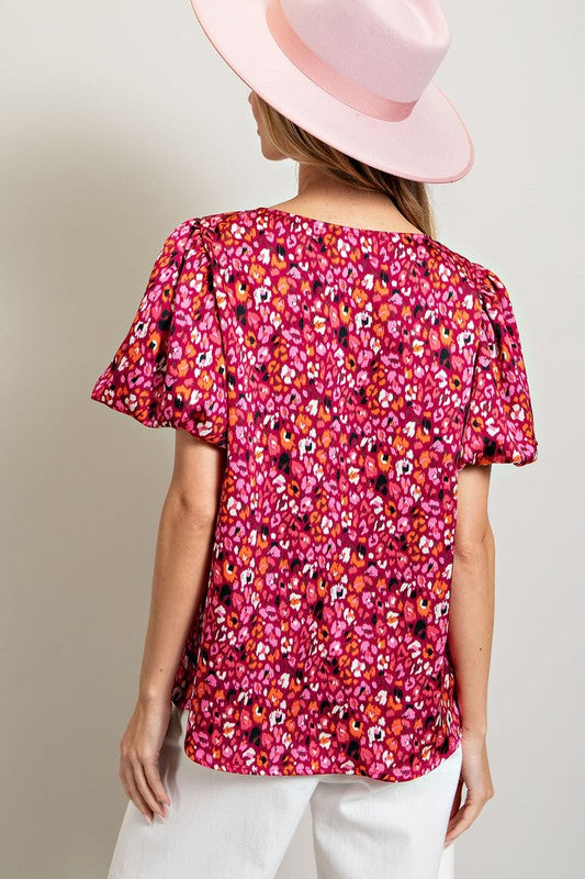 Printed Blouse with Puff Sleeves - Pink-blouse- Hometown Style HTS, women's in store and online boutique located in Ingersoll, Ontario
