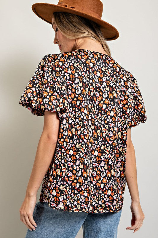 Printed Blouse with Puff Sleeves - Black-blouse- Hometown Style HTS, women's in store and online boutique located in Ingersoll, Ontario