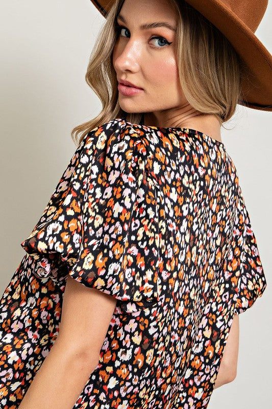 Printed Blouse with Puff Sleeves - Black-blouse- Hometown Style HTS, women's in store and online boutique located in Ingersoll, Ontario