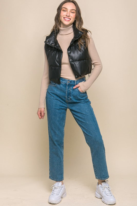 Vegan Leather Puffer Vest - Black-Vests- Hometown Style HTS, women's in store and online boutique located in Ingersoll, Ontario