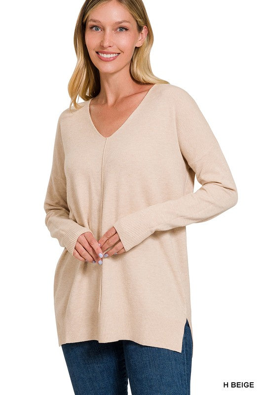 Essential Fall V Neck Pullover - Beige-Sweater- Hometown Style HTS, women's in store and online boutique located in Ingersoll, Ontario