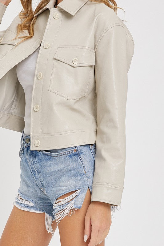 Faux Leather Crop Jacket - Cream-Coats & Jackets- Hometown Style HTS, women's in store and online boutique located in Ingersoll, Ontario