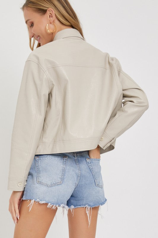 Faux Leather Crop Jacket - Cream-Coats & Jackets- Hometown Style HTS, women's in store and online boutique located in Ingersoll, Ontario