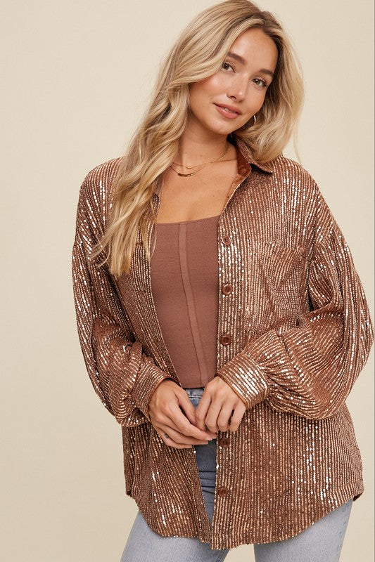 Sequin Button Down - Copper-blouse- Hometown Style HTS, women's in store and online boutique located in Ingersoll, Ontario