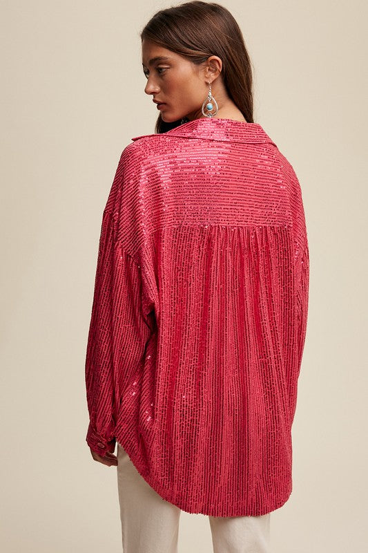 Sequin Button Down - Hot Pink-blouse- Hometown Style HTS, women's in store and online boutique located in Ingersoll, Ontario