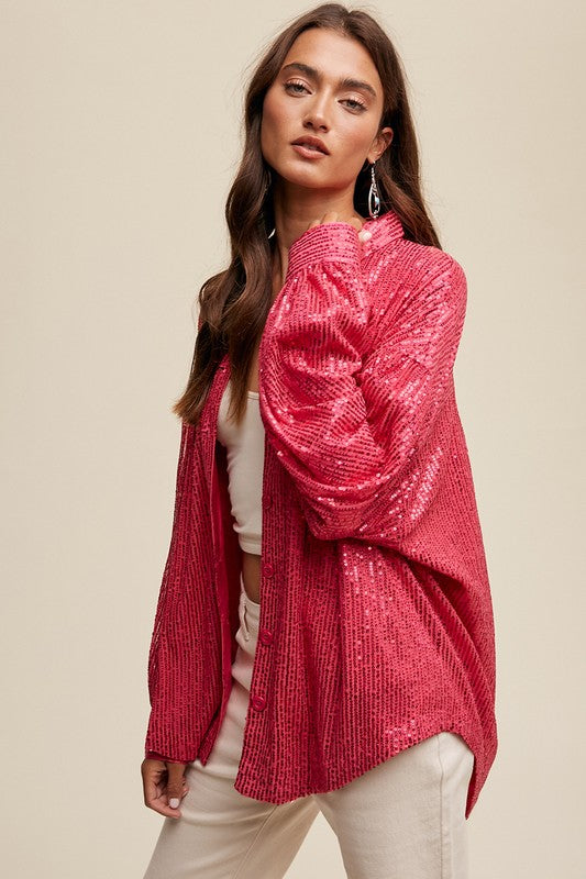 Sequin Button Down - Hot Pink-blouse- Hometown Style HTS, women's in store and online boutique located in Ingersoll, Ontario