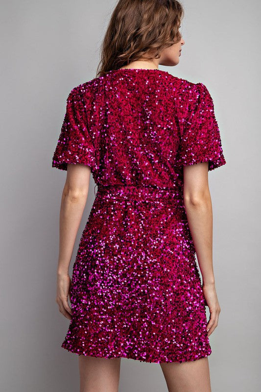 Mini Sequin Wrap Dress - Hot Pink-Dress- Hometown Style HTS, women's in store and online boutique located in Ingersoll, Ontario