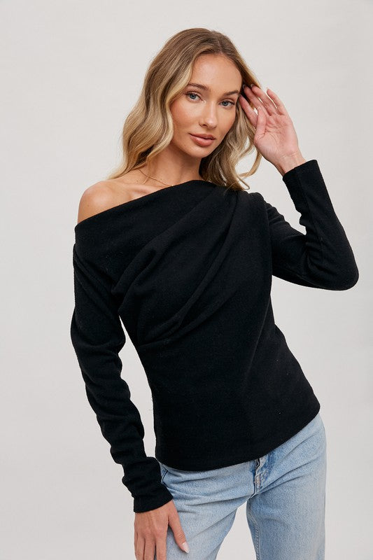 Off Shoulder Knit Pullover - Black-Sweater- Hometown Style HTS, women's in store and online boutique located in Ingersoll, Ontario