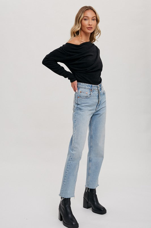 Off Shoulder Knit Pullover - Black-Sweater- Hometown Style HTS, women's in store and online boutique located in Ingersoll, Ontario